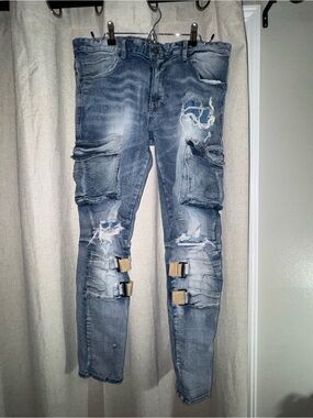 Kloud9 Men's Skinny Distressed Blue Cargo Jeans with Buckle Accents